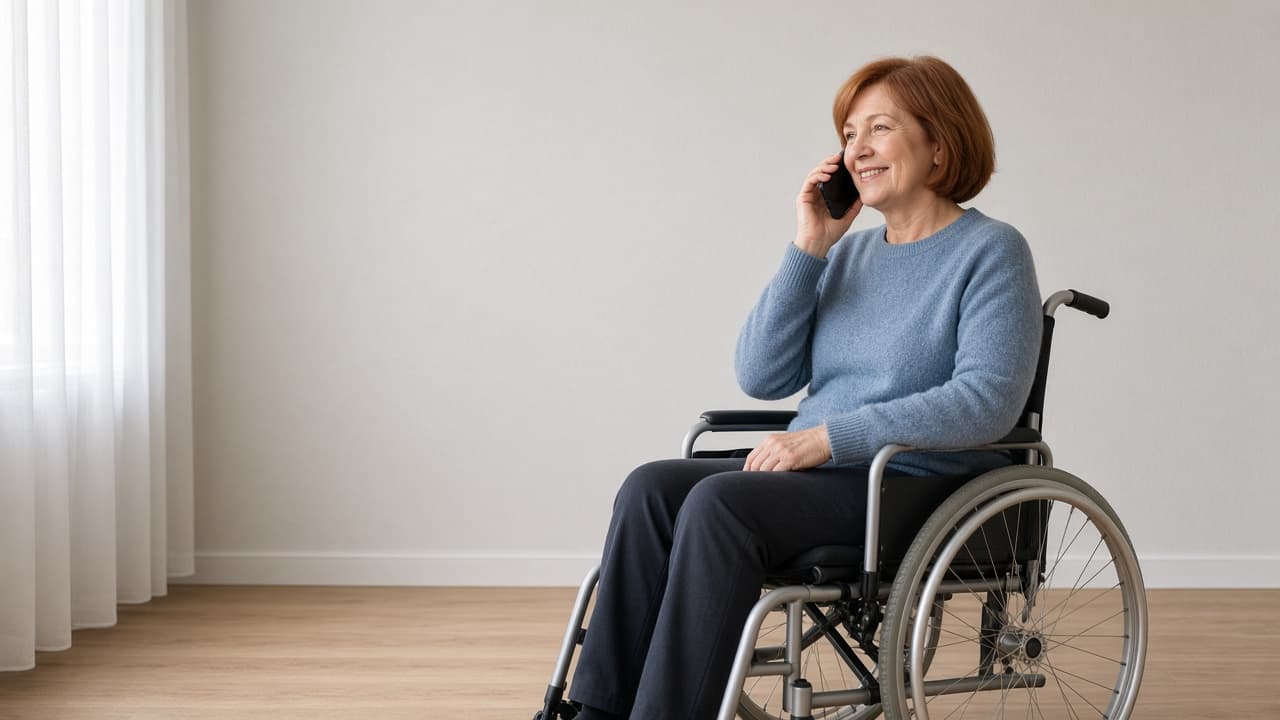 A woman in a wheelchair smiling on a phone call at home